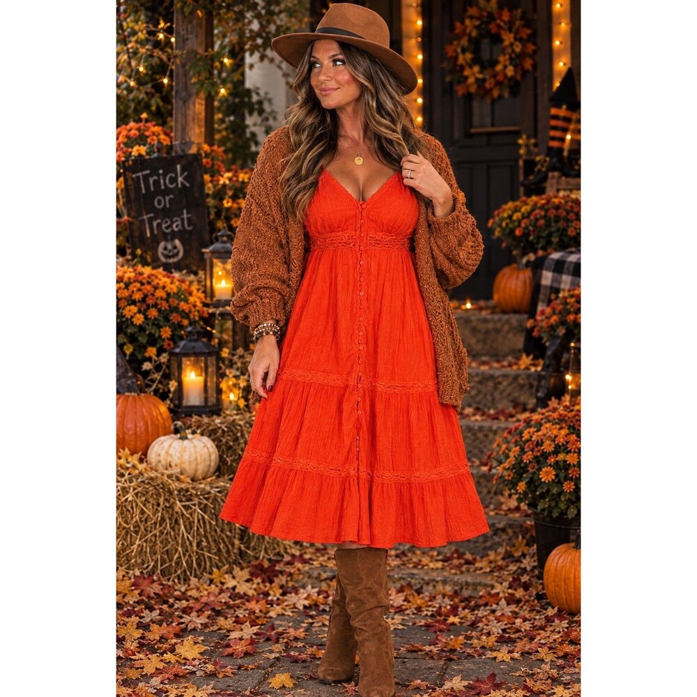 Lush pumpkin Orange V-Neck dress Button Front Lace Size S